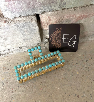 Gold Faux Turquoise Claw Clip - Rectangle